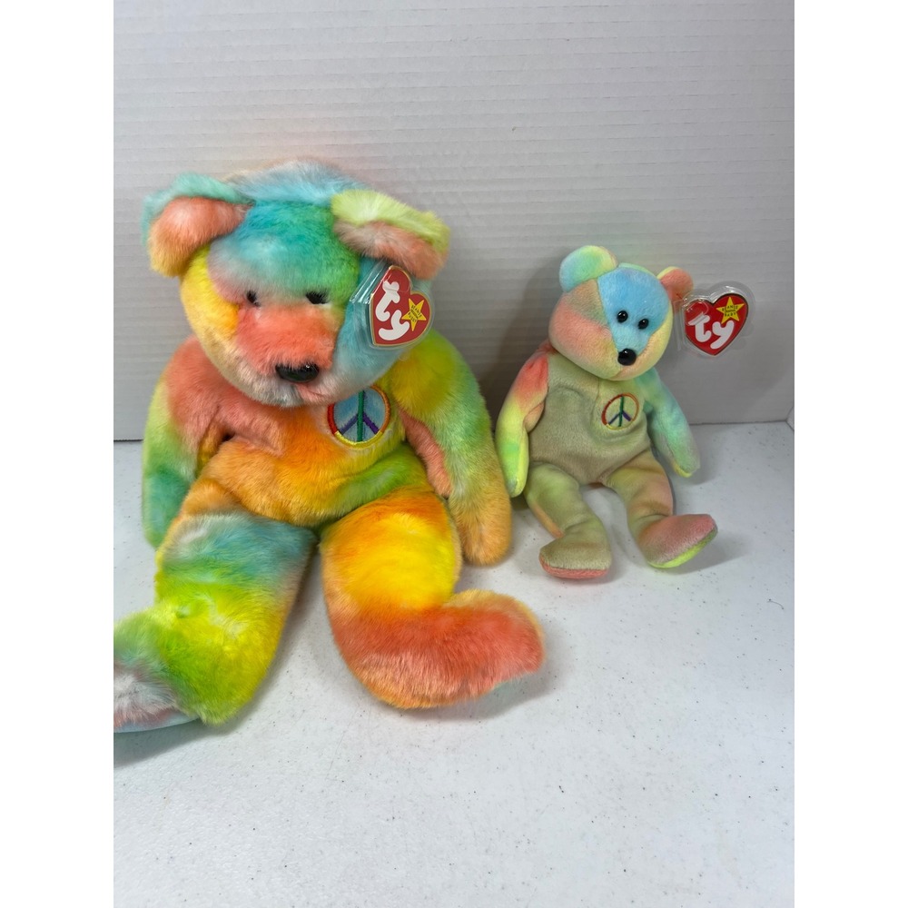 Ty Beanie Buddies & Beanie Babies Peace Bear Tie Dye Rainbow Plush Set of 2 MWMT